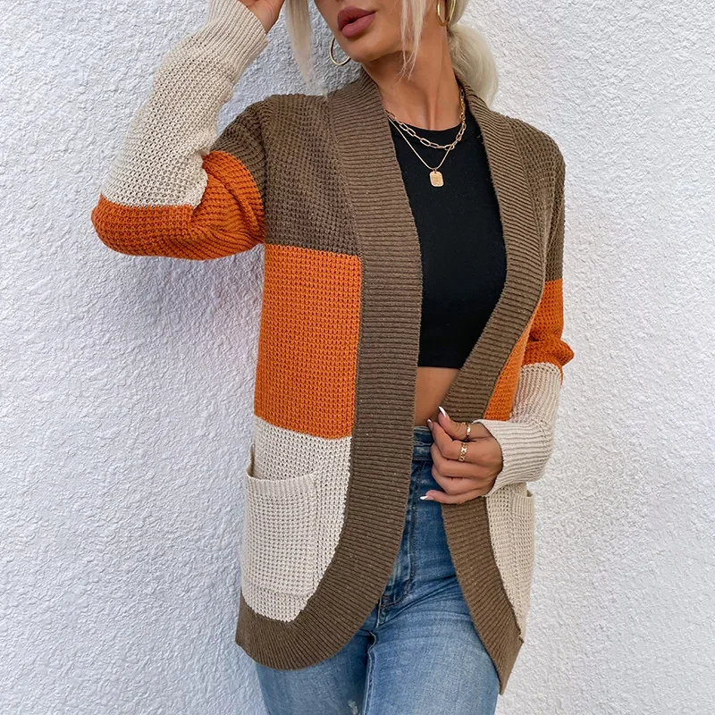 

2024 Autumn Winter Women Vintage Contrast Color Patchwork Knitted Cardigans Female Casual V Neck Long Sleeve Loose Sweater Coat