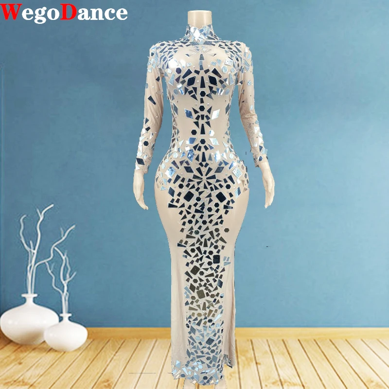 

Shining Silver Mirrors Nude Mesh Transparent Evening Long Sleeves See Through Dress Evening Birthday Costume Outfit