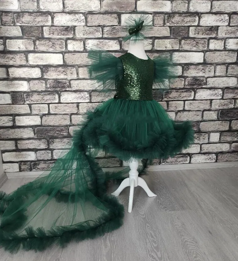 

Lovely Emerald Green Baby Girl Dress with Long Detachable Train Birthday Dress Tutu Cupcake Fluffy Girls Dresses with Bow