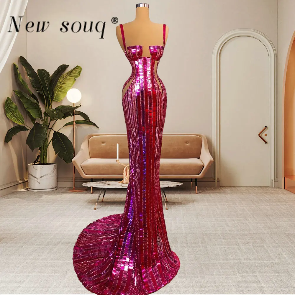 

High Fashion Fuchsia Long Mermaid Evening Dresses Luxury Beaded Crystals Prom Gowns Couture Sexy Fitted Pageant Party Dress