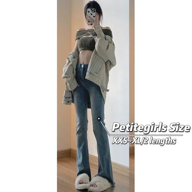 

150cm Petite girls Vintage Fringed Micro Flare Jeans Women High Waist Slim Stretch XS Appear Thin Nine-Point Bell Bottoms