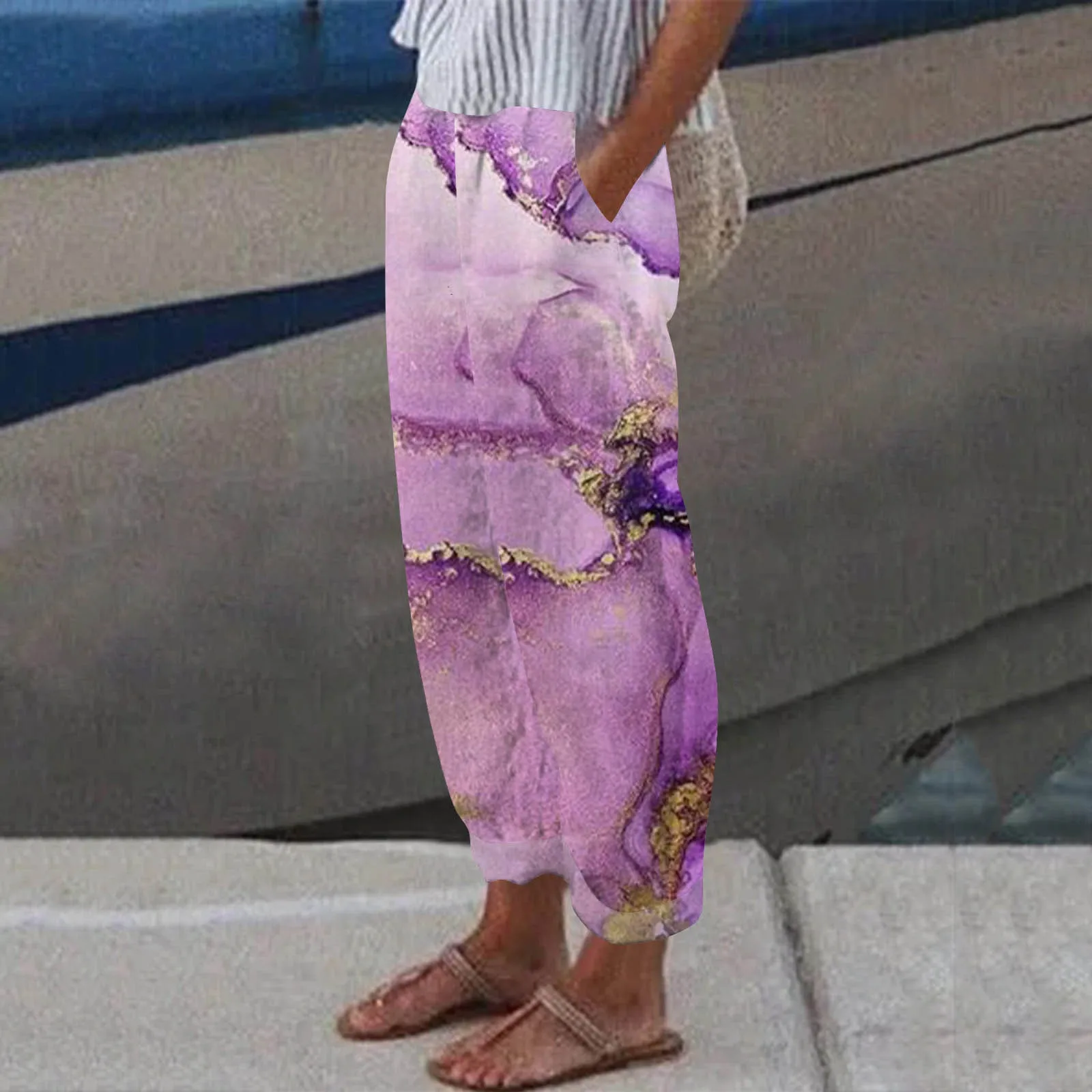 

Женские летние брюки с мраморным принтом, повседневные брюки с карманами и эластичной талией, женские брюки со средней талией, Лидер продаж 2024