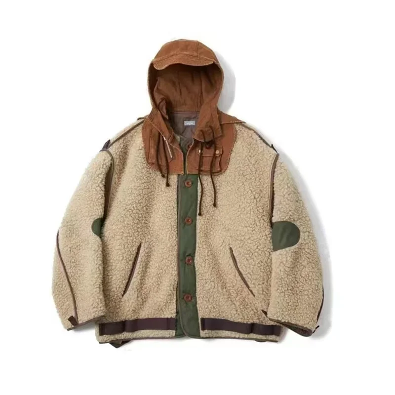 

22AW KOLOR Aberunyi Bicolor Fleece Clip Cotton Detachable Splicing Batik Wash Water Men's Jacket Hooded Khaki Winter Loose Coat