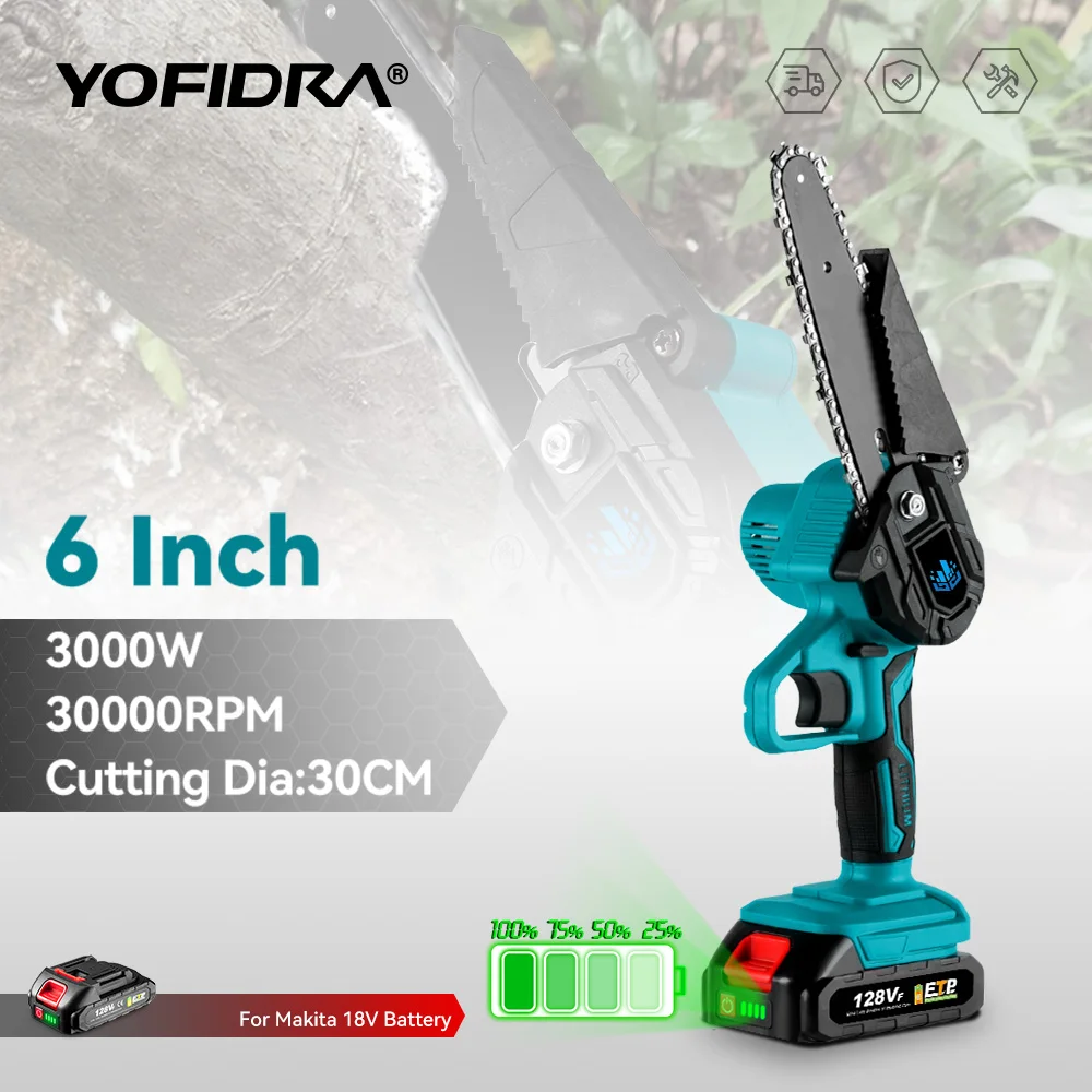 

YOFIDRA 6 Inch Electric Saw with 2 battery.Cordless Handheld Chainsaw Garden Logging Saw Wood Power Tool For Makita 18V Battery