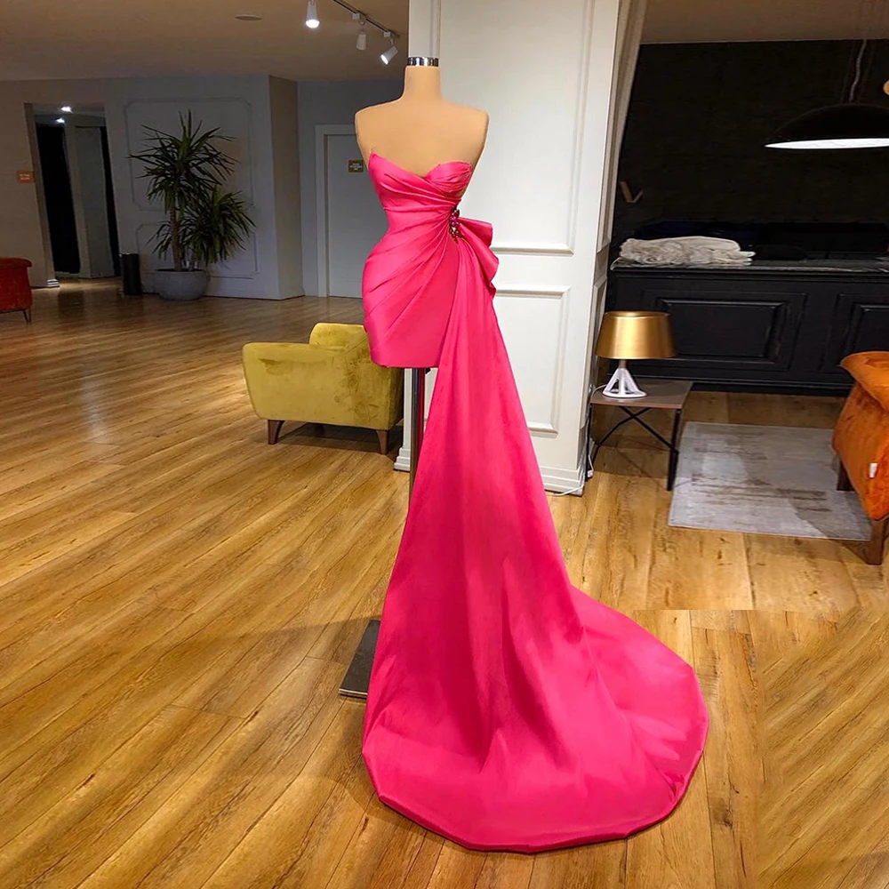 

Fuchsia Short Evening Dress Sleeveless Taffeta Asymmetrical Neck Pleat Stones New Arrival Sexy Cocktail Party Gown