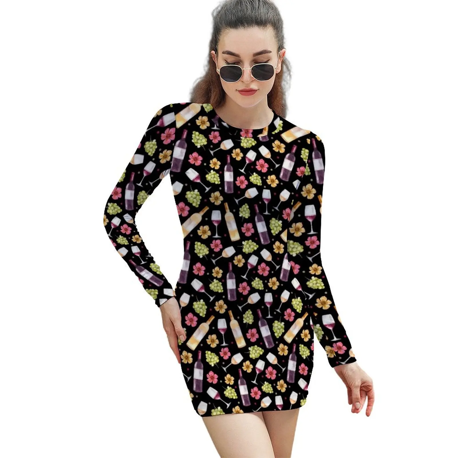 Red and White Wine Bottles Grapes and Watercolor Flowers on Black Long-Sleeved Sheath Dress beach outfits for women
Red and White Wine Bottles Grapes and Watercolor Flowers on Black Long-Sleeved Sheath Dress beach outfits for women