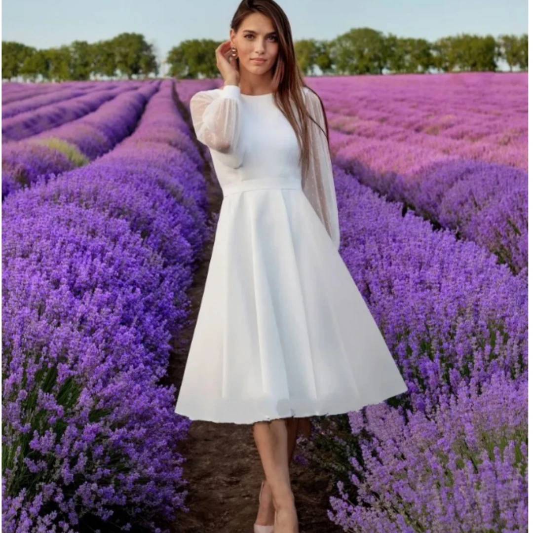 

2024 Elegant Short A-Line Wedding Dresses Lace Tulle Modest Long Sleeve Scoop Neck Bohemian Garden Bridal Gowns Vestido De Novia