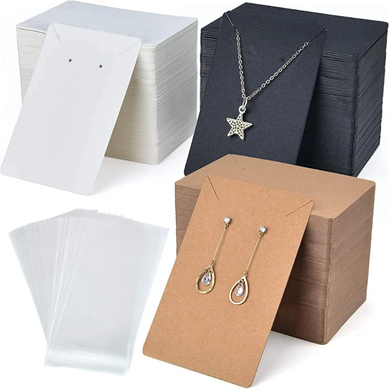 

50sets Kraft Paper Cards Jewelry Necklace Earring Display Holder with Self Adhesive OPP Bags Personal Business Retail Packaging