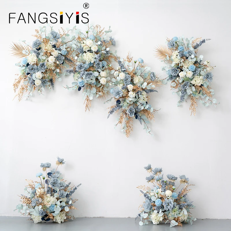

Haze Blue Gold Leaf Wedding Floor Floral Arrangement Event Stage Welcome Area Decor Props Arch Hang Flower Row Table Floral Ball