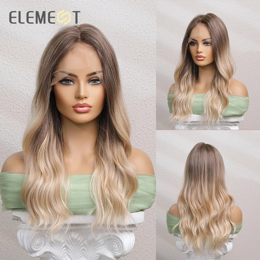 

ELEMENT HD Lace Front Wigs Synthetic Hair Long Water Wavy Ombre Dark Root to Blonde Daily Party Wig for Women Natural Use