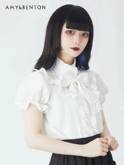 2023 Summer New Japanese Style Sweet Bow Shirt Stand Collar Short Sleeve Blouse Top Women's Cute Lolita Soft Girl Camisas Mujer
2023 Summer New Japanese Style Sweet Bow Shirt Stand Collar Short Sleeve Blouse Top Women's Cute Lolita Soft Girl Camisas Mujer