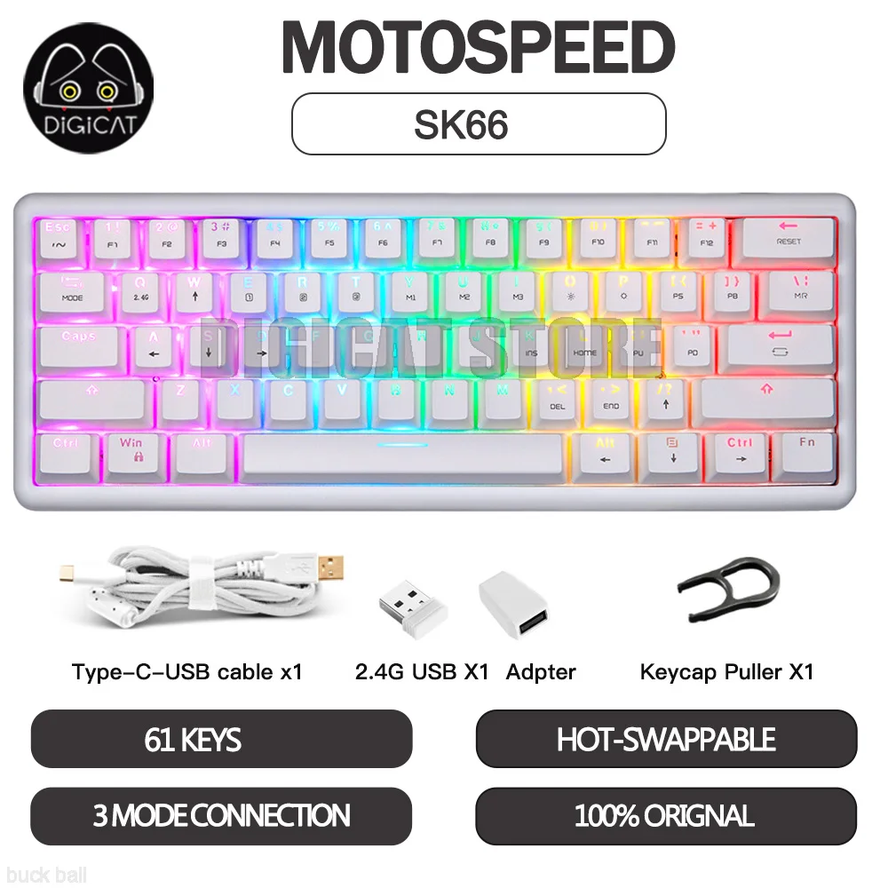 

MOTOSPEED SK66 Mechanical Gamer Keyboard 61 Key 3 Mode 2.4G/USB/Bluetooth Wireless Keyboard Hot-Swap RGB Backlit Gaming Keyboard