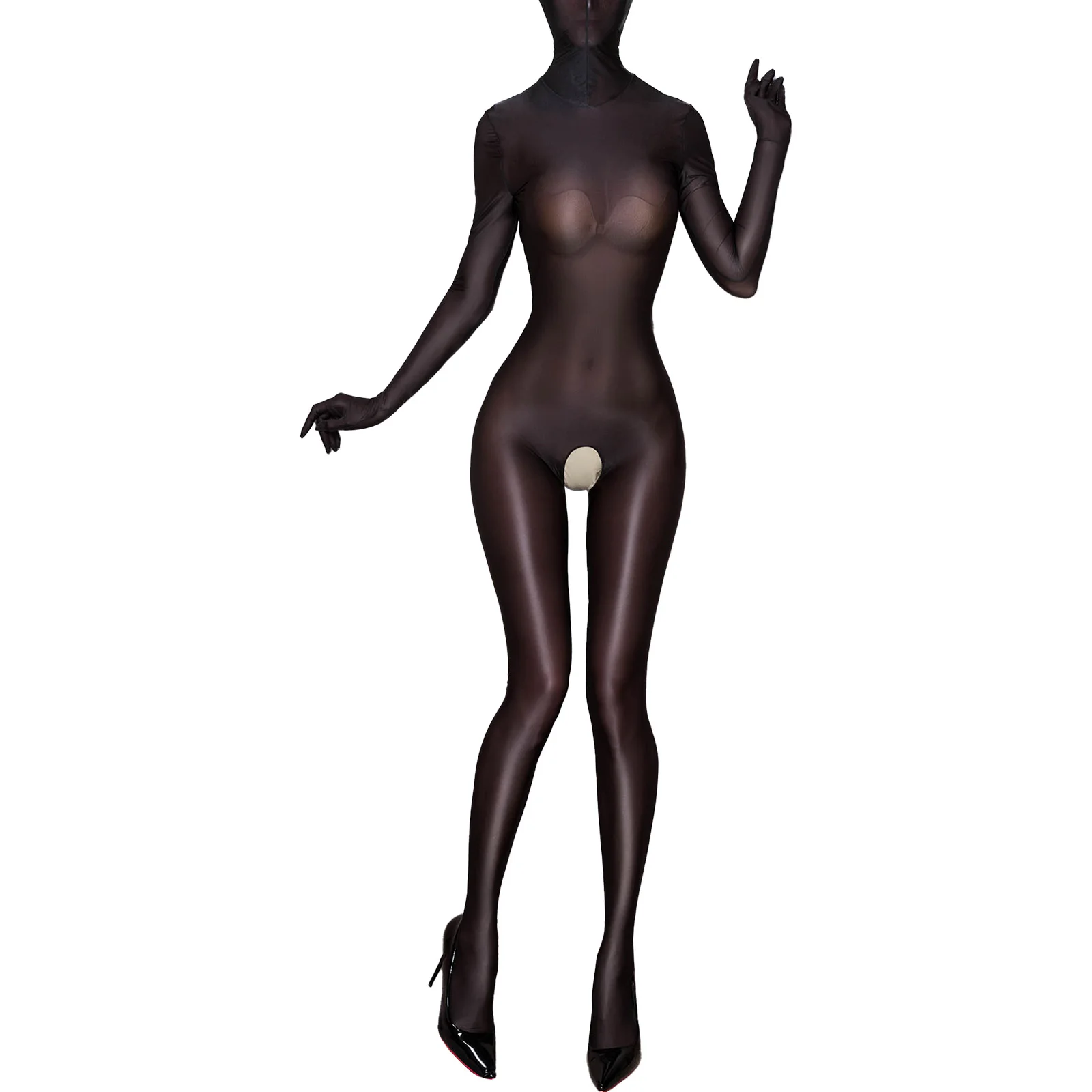 

Womens Glossy Full Body Stretchy Tights Bodysuit Sexy Crotchless Back Zipper See-Through Bodystocking Tempting Female Nightwear