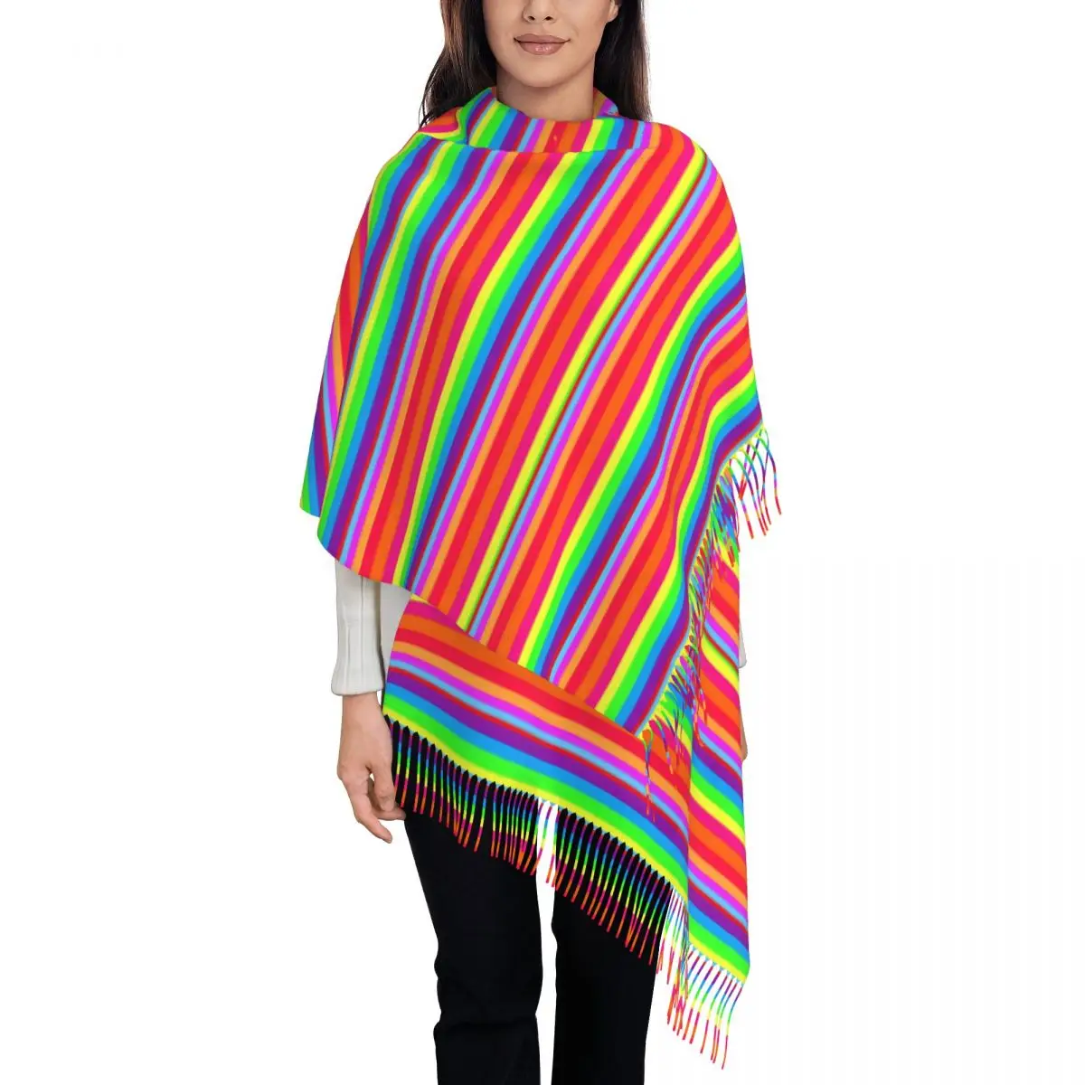 

Rainbow Striped Print Scarf with Tassel Joyous Pride Warm Soft Shawl Wraps Ladies Custom Headwear Scarves Winter Vintage Bufanda