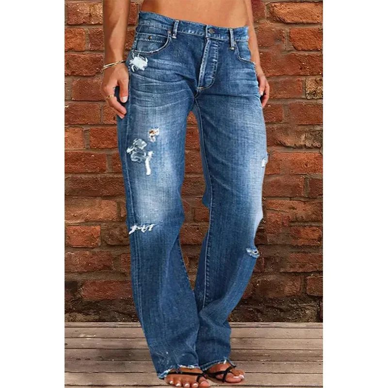 

Denim Pants Capris 2023 Women Ripped Vintage Middle Waist Straight Wide Leg Pants Jeans Long Pants Work Summer Blue Jeans Capris