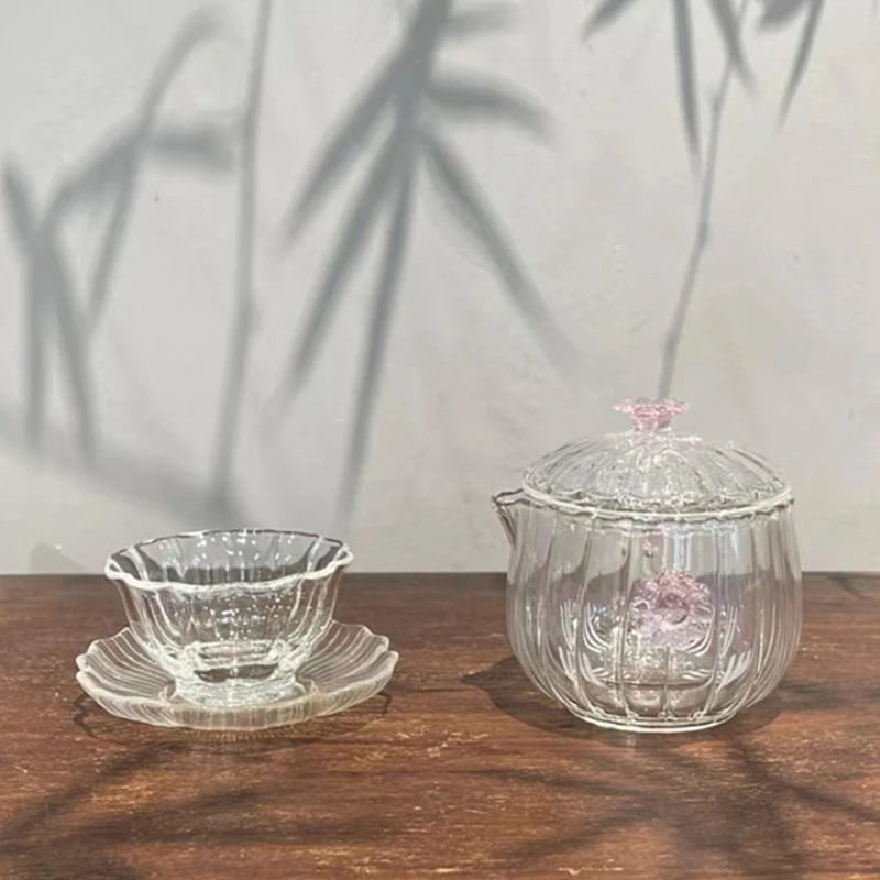 

Teenage Girl Pink Glass Hand Grip Teapot Borosilicate Chrysanthemum Petal Tea Cups Tea Dispenser Gong Cup Summer Tea Set