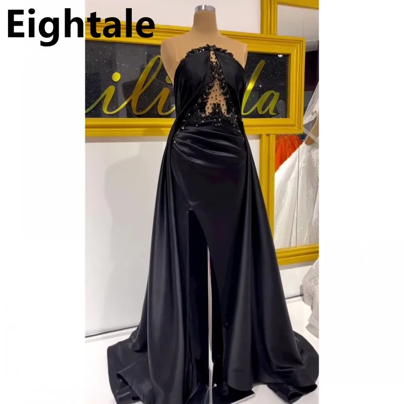 

2023 черное атласное платье-Русалка для выпускного вечера, сексуальное вечернее платье с разрезом, вышитое бисером, плиссированное официальное платье для выпускного вечера, бальное платье для вечеринки
