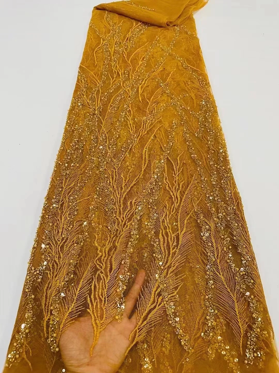 

Новое поступление, французская сетчатая кружевная ткань из бисера, горячее золото, африканский тюль, кружевные ткани с блестками и вышивкой для вечернего платья