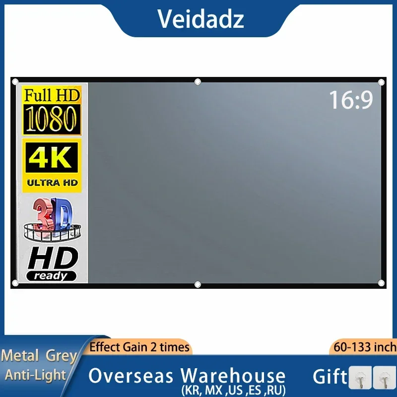 

Экран для проектора VEIDADZ, металлический, серый, антибликовый, 60-133 дюймов, угол обзора 30 °, 16:9, портативный светоотражающий экран для домашнего кинотеатра