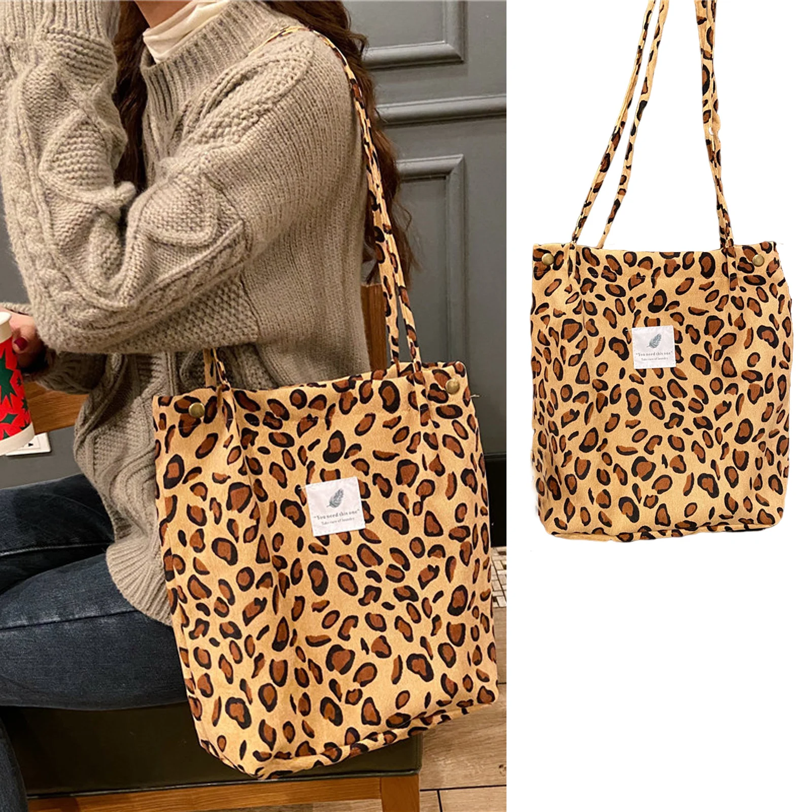 

2023 Corduroy Snap Button Shoulder Bag Women Large Capacity Reusable Shopping Bag Literary Buckle Tote Bags Female Handbags