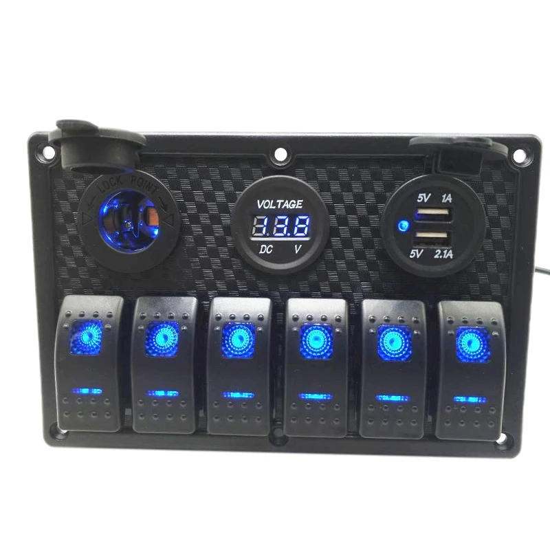 

6 Gang Rocker Switch Panel Waterproof DC 12/24V Breaker Switches 12V Power Socket Dual USB Charger Port With Voltmeter