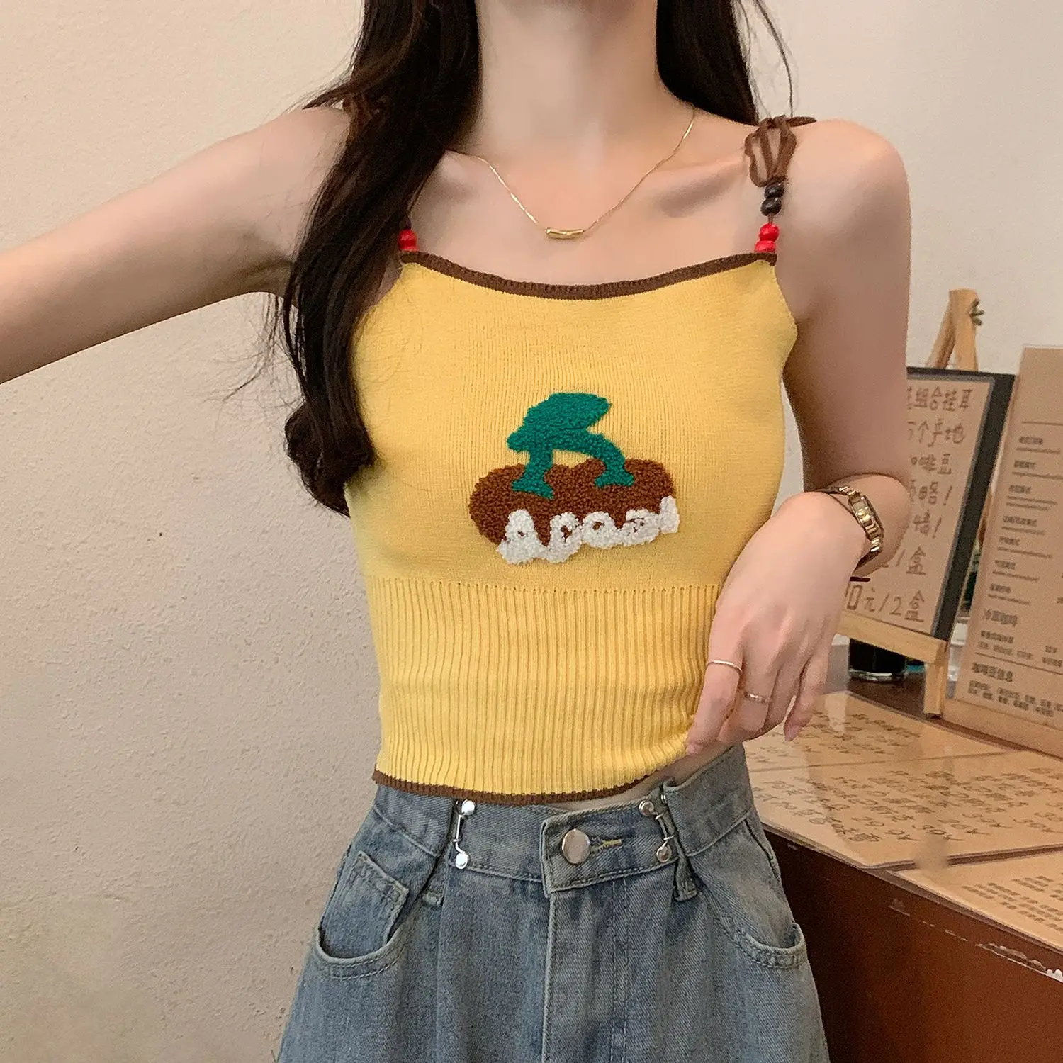 

Knitted Suspenders Small Vest Female Summer Sexy Spice Camisole Retro French Outside Wear Hanging Neck Sweet Tank Top