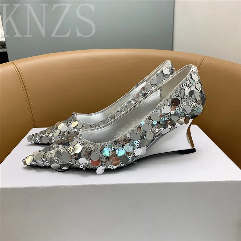 

Spring Autumn New Pointed Toe Sequined Cloth High Heeleds Woman Sexy Wedges Bling Party Runway Shoes Women's Single Shoes 2024
