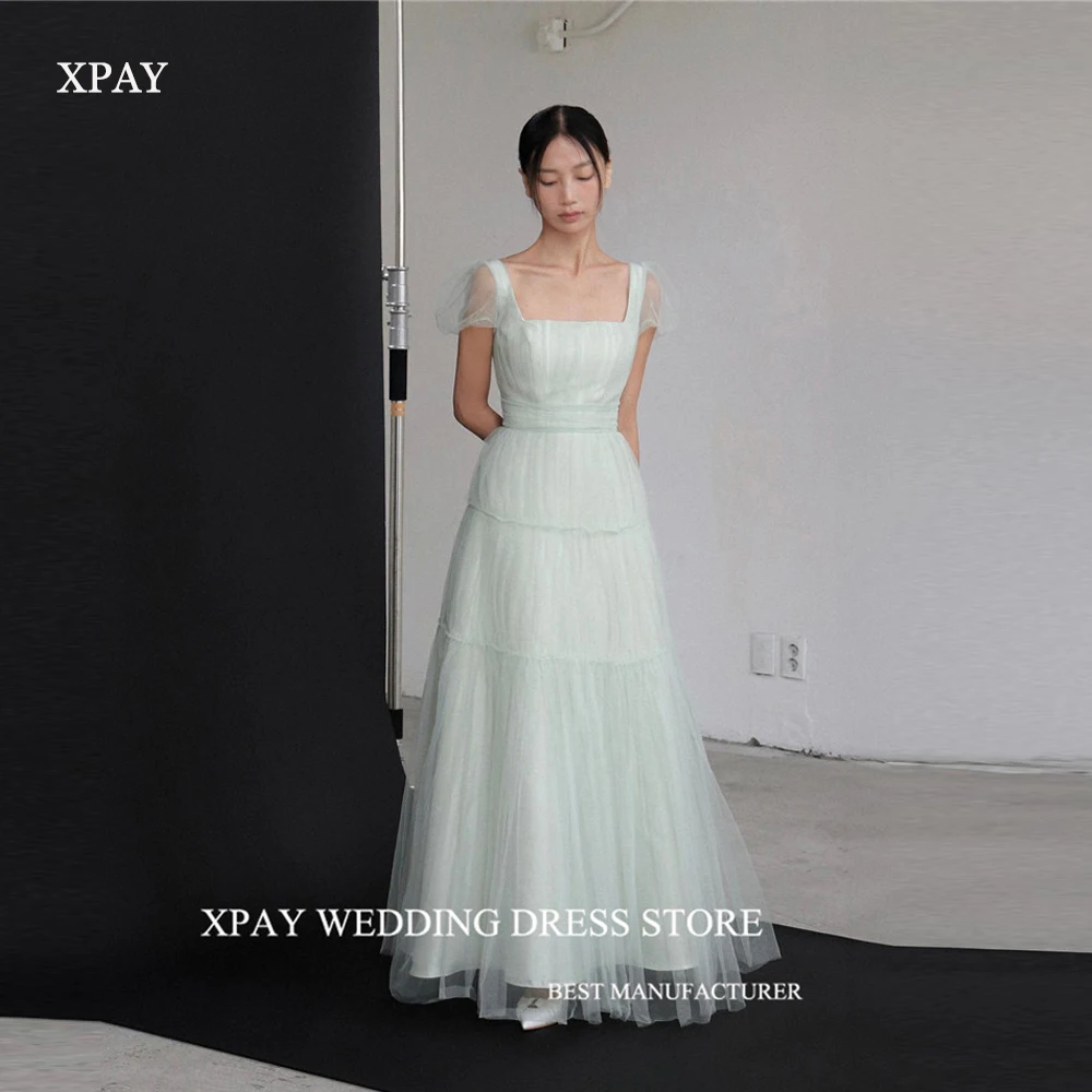

XPAY Simple A Line Tulle Korea Wedding Dresses Photo shoot Puff Short Sleeves Square Neck Tiered Bridal Gowns Party Bride Dress