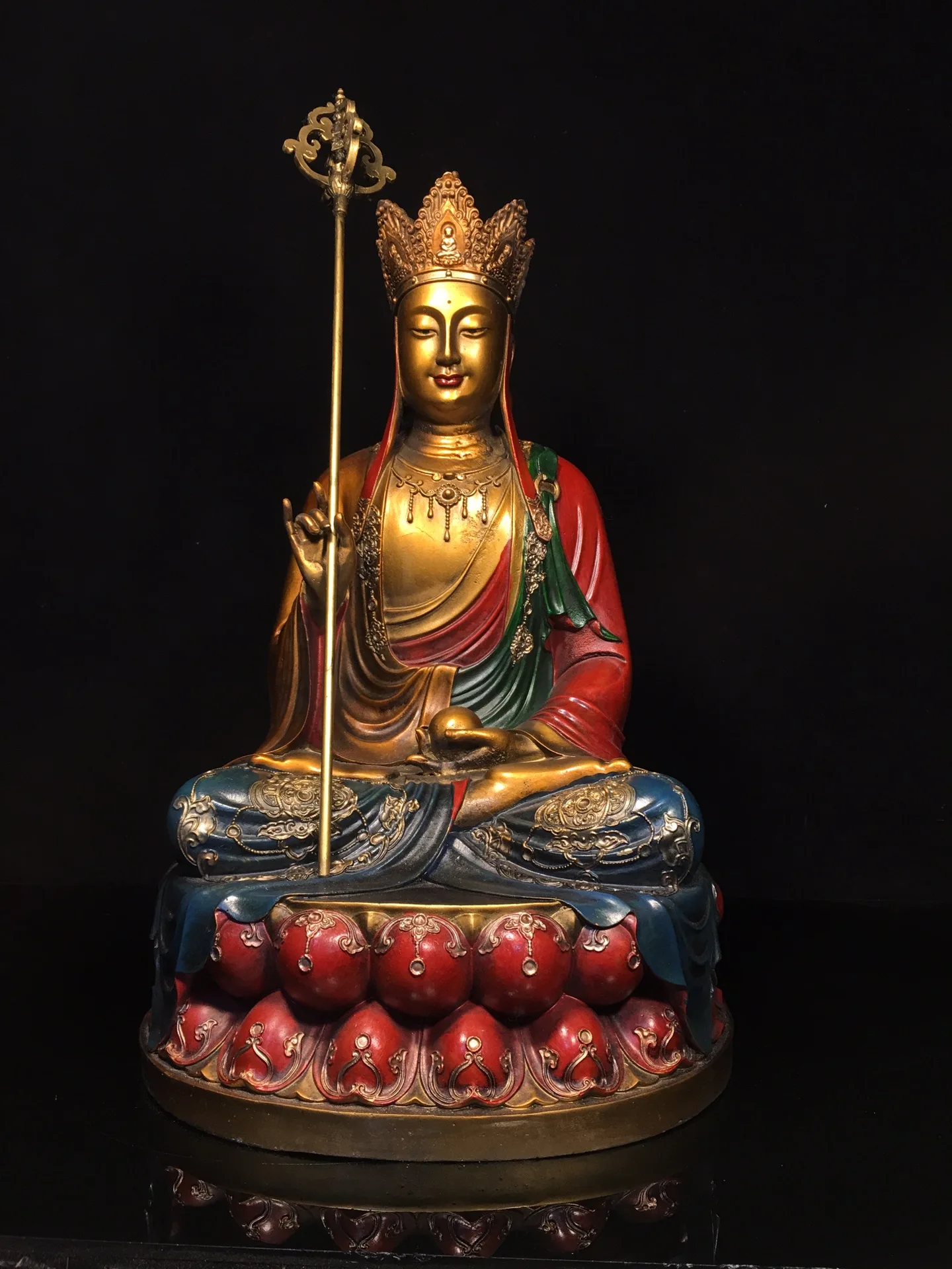 17"Tibet Temple Collection Old Bronze Painted Gilding Ksitigarbha Bodhisattva Double Lotus Platform Worship Hall Town house
17"Tibet Temple Collection Old Bronze Painted Gilding Ksitigarbha Bodhisattva Double Lotus Platform Worship Hall Town house