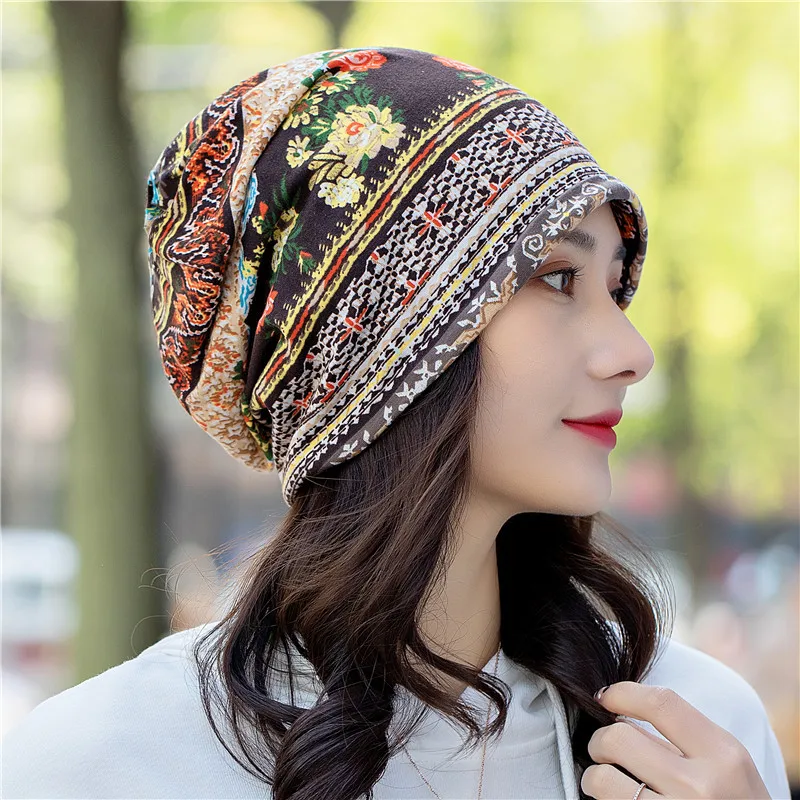 

Women's National Style Printed Beanies Hat Multi-purpose Pile Cap Scarf Hats Ladies Chemo Caps Fashion Headwear