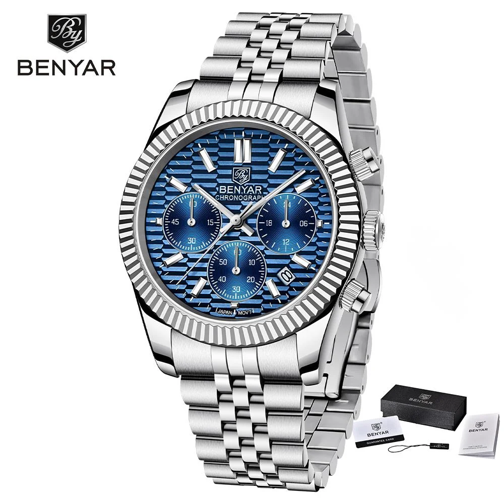 

BENYAR New Luxury Watch For Men Sapphire Glass Stainless Steel Chronograph 100M Waterproof Men Quartz Wristwatch Reloj Hombre