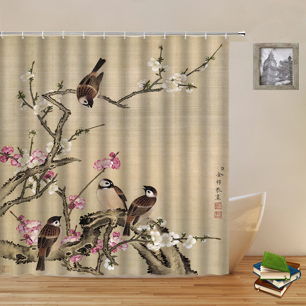 

Chinese Style Flower Bird Tree Shower Curtain Plum Blossom Trees Branch Birds Asian Style Waterproof Bathroom Decor With Hooks
