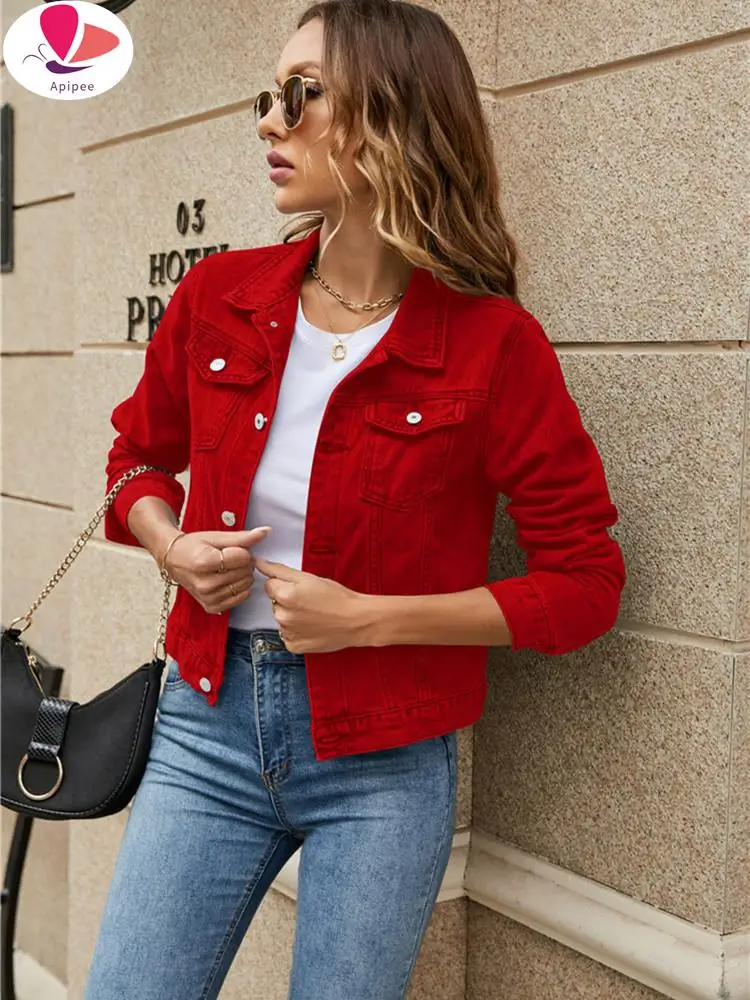 

APIPEE 2023 Women's Solid Color Denim Jacket Casual Long Sleeve Button Down Chest Pocket Jean Jacket Autumn Streetwear