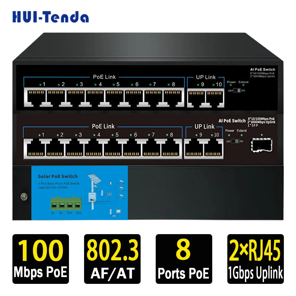 

HUI-Tenda 8*10/100Mbps AI POE Switch Solar Panel Powered 1Gbps Uplink SFP port Network VLAN RJ45 Switch for IP camera/NVR