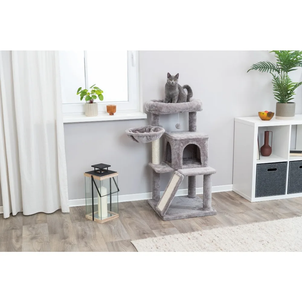 Crawling tool, plush and sisal 2-layer 39.4-inch cat tree, with scratching post, pompom and apartment, grey 
Crawling tool, plush and sisal 2-layer 39.4-inch cat tree, with scratching post, pompom and apartment, grey