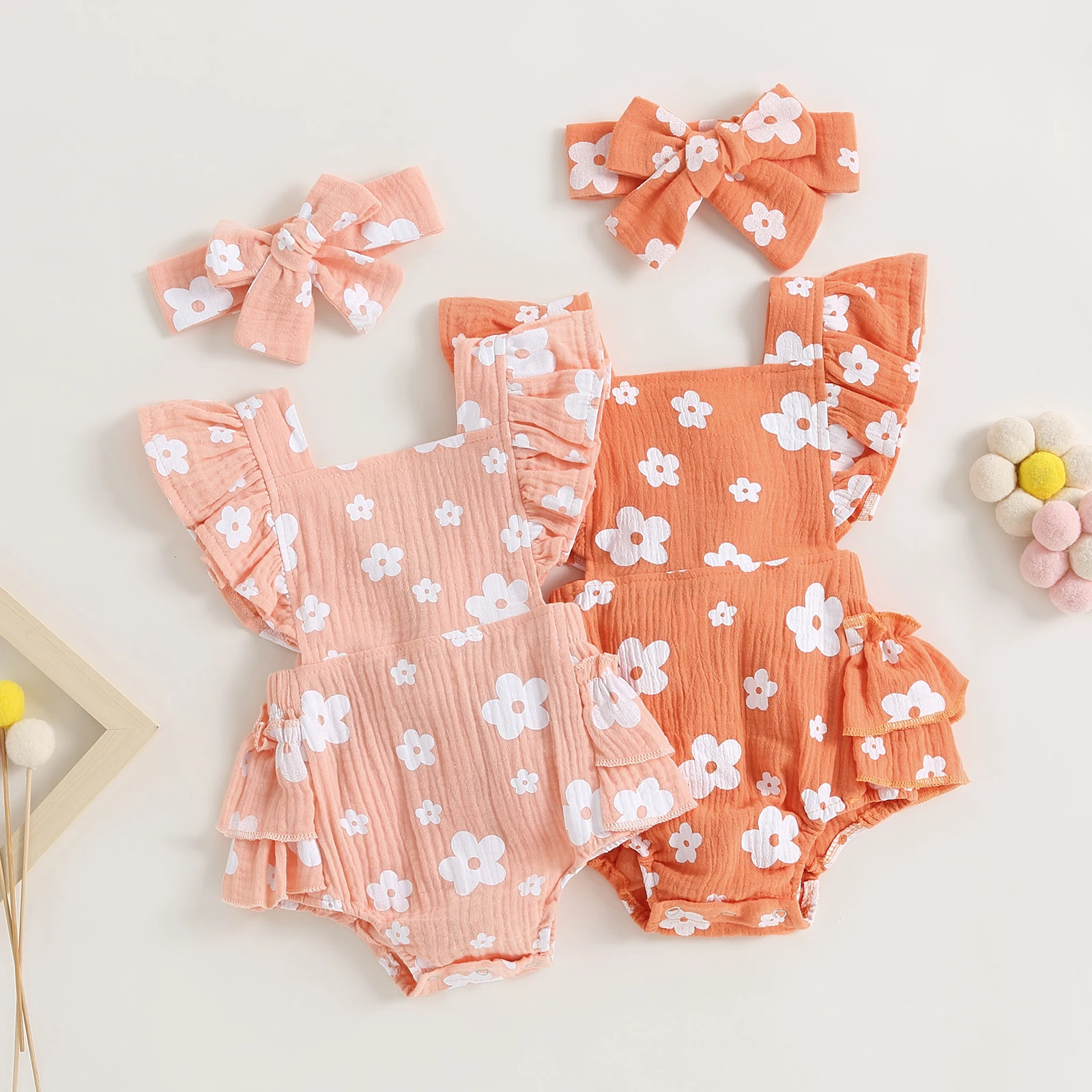 

0-18M Newborn Infant Baby Girls Casual Floral Print Romper Flying Sleeve Tiered Ruffle Playsuit with Headband Set Summer Clothes