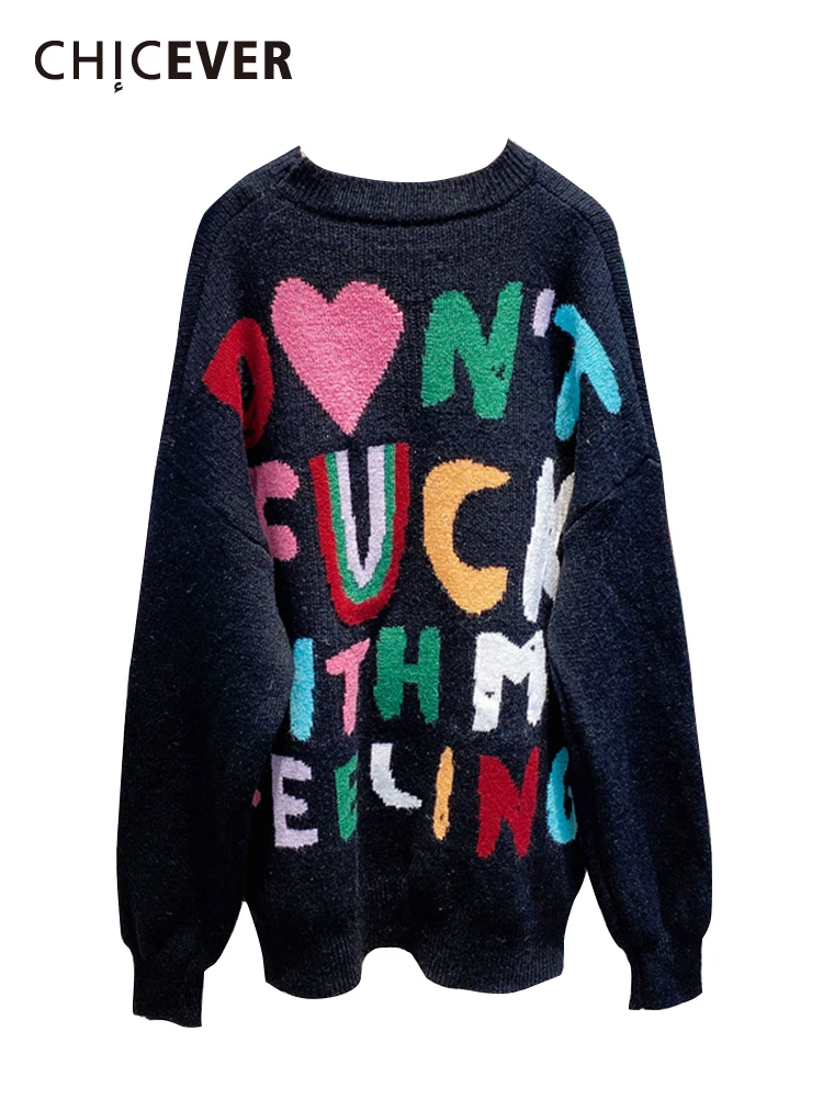 CHICEVER Letter Jacquard Knitted Sweater For Women Round Neck Long Sleeve Hit Color Loose Casual Pullover Autumn Sweater Female
CHICEVER Letter Jacquard Knitted Sweater For Women Round Neck Long Sleeve Hit Color Loose Casual Pullover Autumn Sweater Female