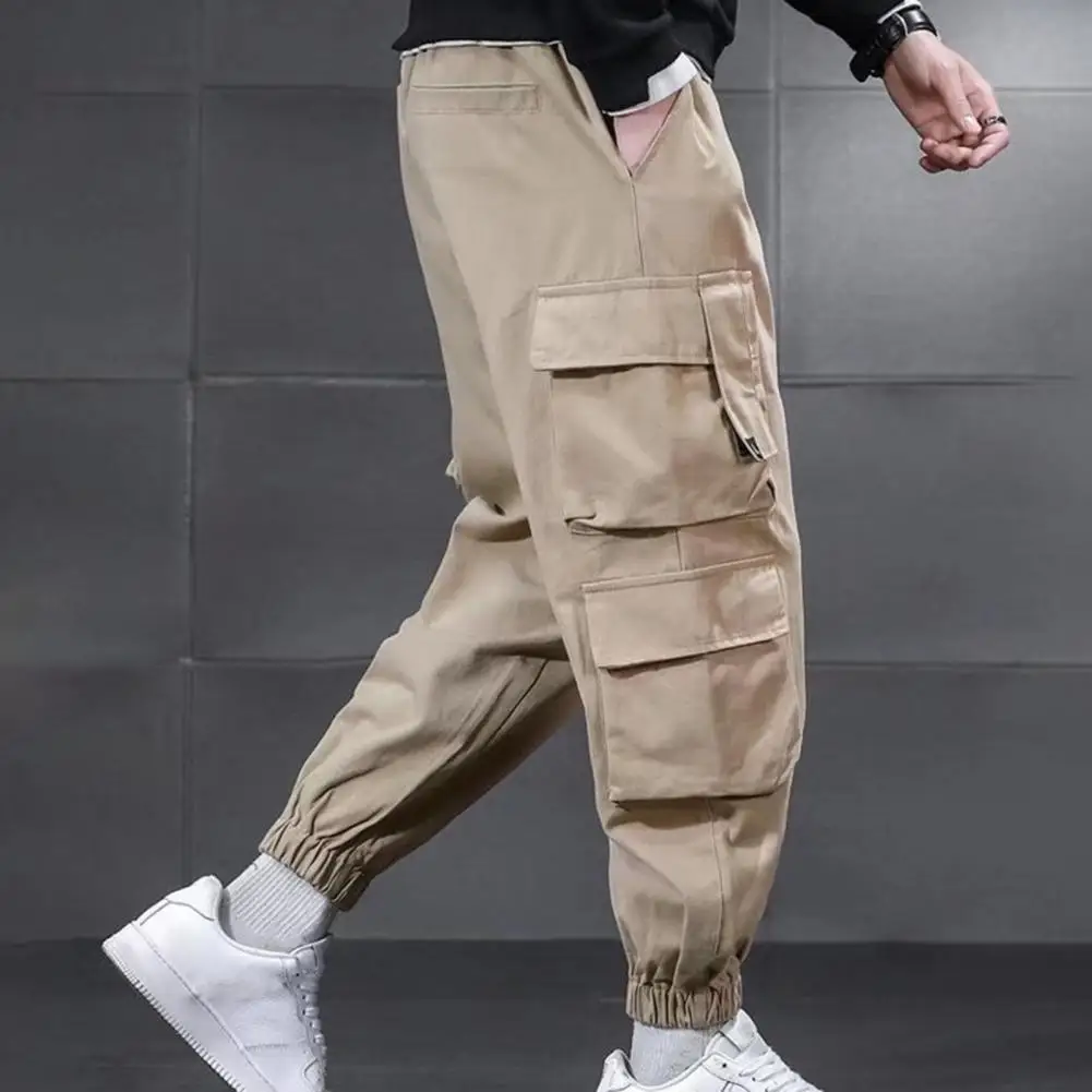 

Solid Color Trousers Men's Cargo Pants with Drawstring Waist Ankle-banded Design Featuring Multiple Pockets American for Daily