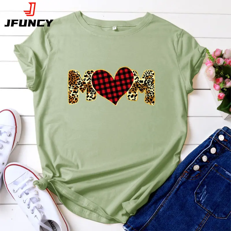 

JFUNCY Women Short Sleeve T-shirts Female Summer Clothing MOM Letter Print Tee Shirt Cotton Loose Tops Fashion Woman Tshirt