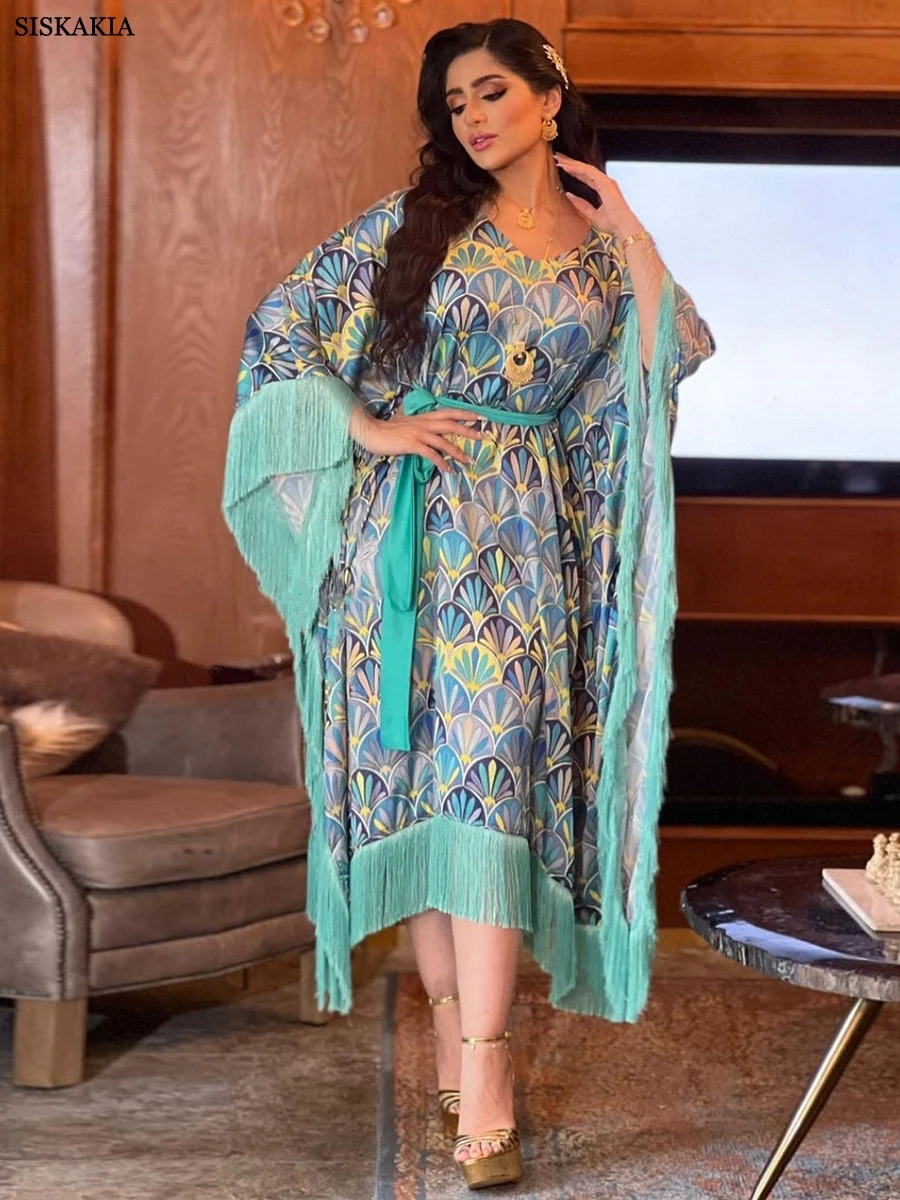 Floral Print Bat Sleeve Oversized Gown Dresses Tassel Patchwork Belted Banquet Kaftan Turkey Muslim Abaya Women Dress
Floral Print Bat Sleeve Oversized Gown Dresses Tassel Patchwork Belted Banquet Kaftan Turkey Muslim Abaya Women Dress