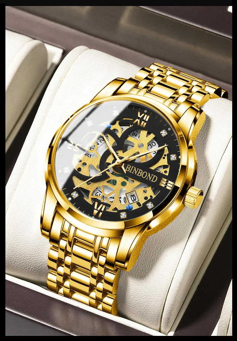 

BINBOND Original Watch for Men Luxury Gold Skeleton Analog Quartz Date Chronograph Wristwatch Stainless Steel Waterproof Luminou