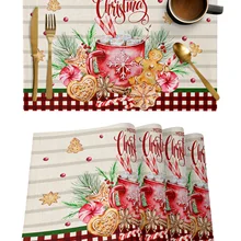 Christmas Hot Cocoa Gingerbread Pine Needle Kitchen Dining Table Decor Accessories 4/6pcs Placemat Heat Resistant Tableware Mats