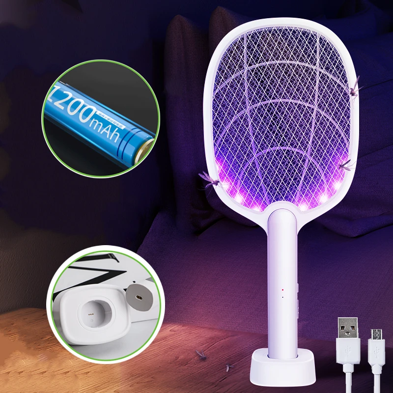 

2 In 1 Mosquito racket USB Rechargeable Fly Zapper Swatter with Purple Lamp Seduction Trap Summer Night Baby Sleep Protect tools