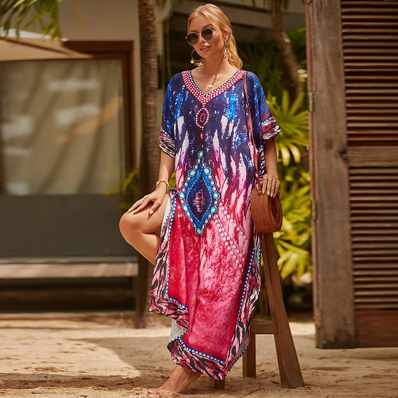 

Miami Stylish Colorful Print Maxi Dress Beach Seaside Cover Ups V Neckline Loose Resortwear Tropical Kaftan Gorgeous Caftan Robe
