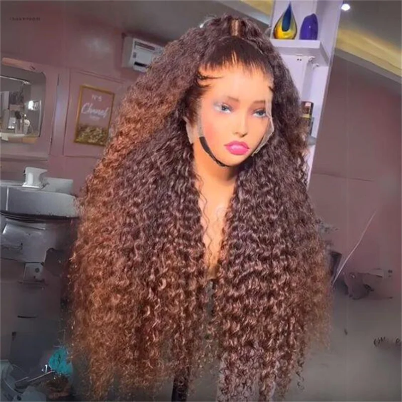 

Soft 180Density Long Curly 26lnch Ombre Brown Glueless Kinky Curly Lace Front Wig For Women With Baby Hair Synthetic Preplucked