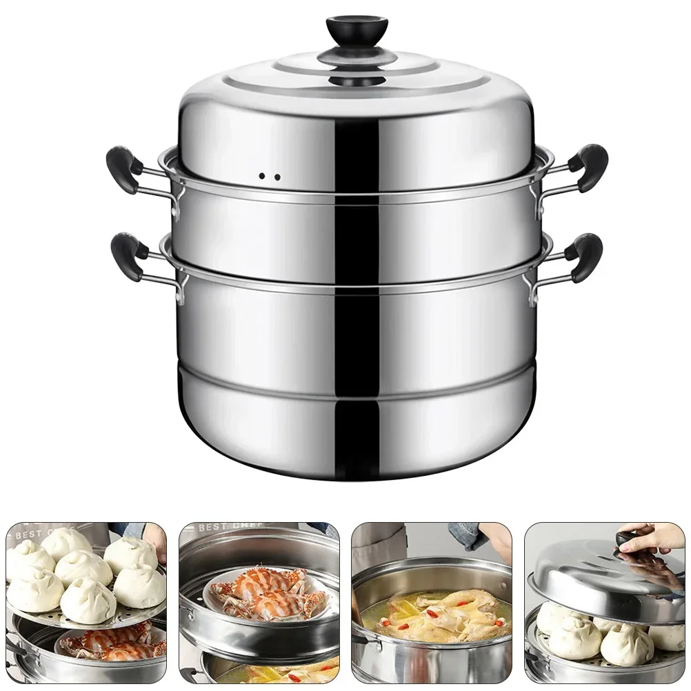 

Stainless Steel Steamer Induction Pans Convenient Kitchen Cookware Useful Steaming Pot Stackable Double Layer Home