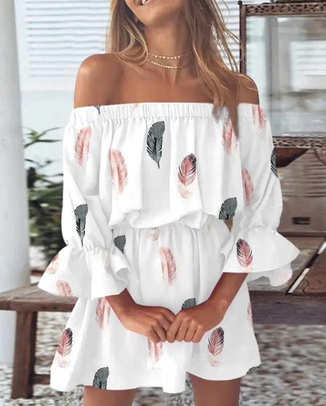 

A Line Skirt Women 2024 Spring Summer Casual Simple Feather Print Off The Shoulder Bell Sleeve Temperament Daily Vacation Dress