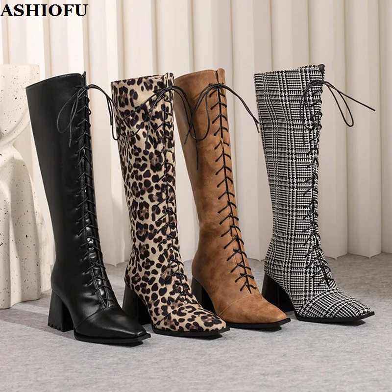 

ASHIOFU Handmade New Arrival Popular Womens Thick Heel Boots Crisscross Shoelace Party Half Booties Evening Fashion Sexy Shoes