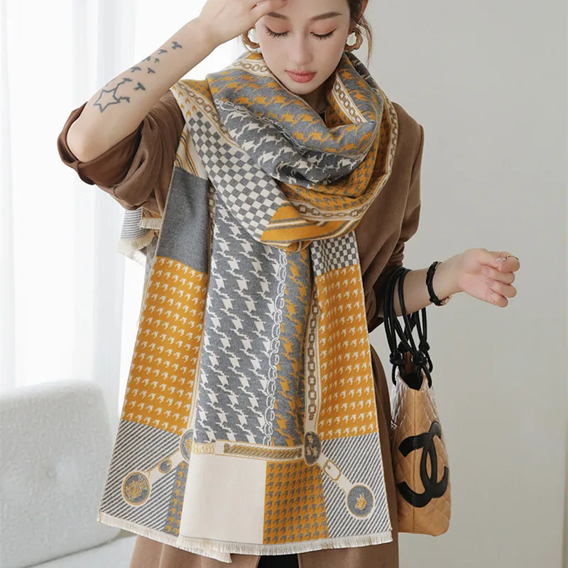 

New European and American style Winter Houndstooth stripe horse shawl female cashmere blended Windproof and warm scarf
