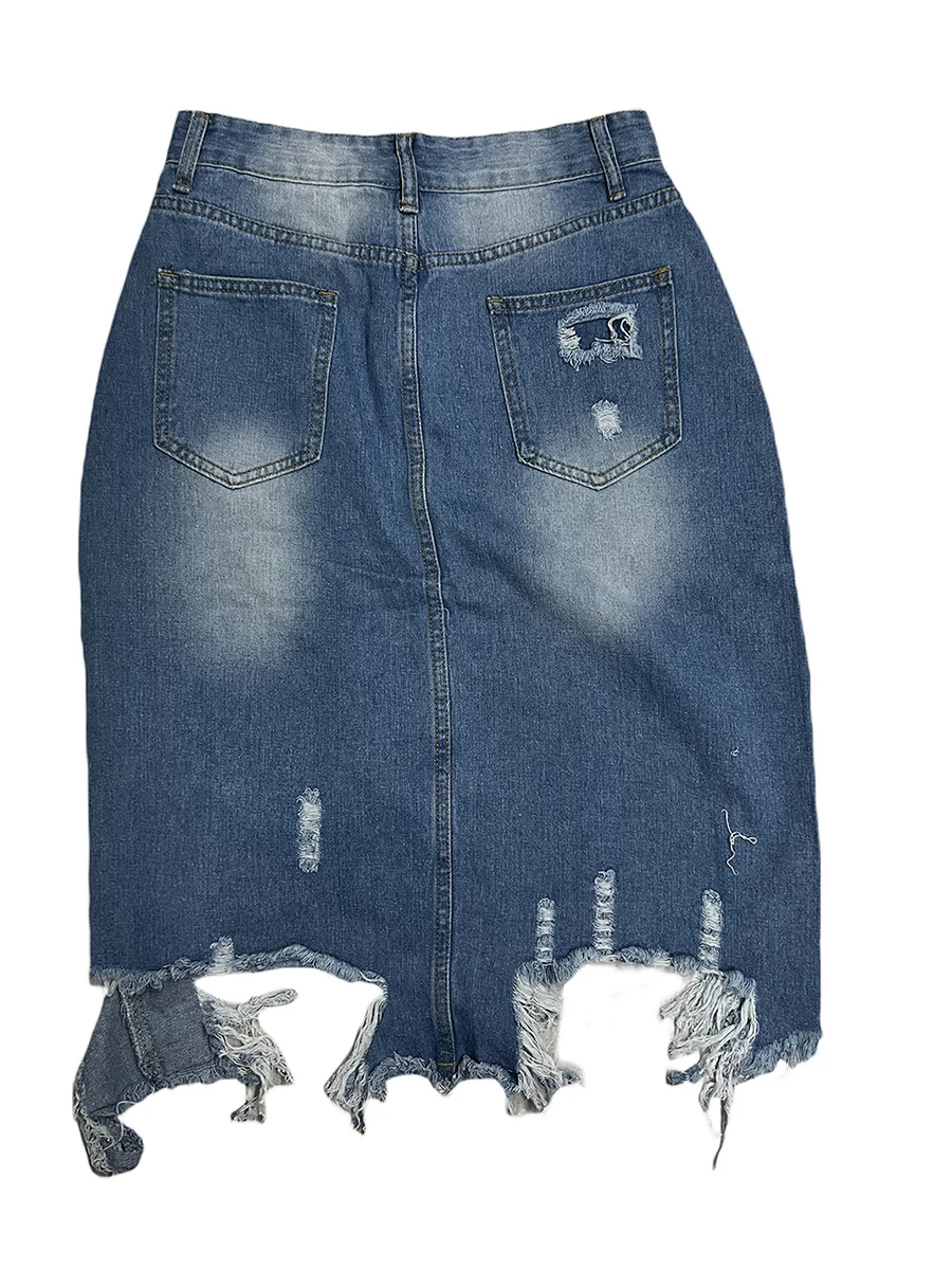 

Women s Fashion Distressed Denim Mini Skirt with High Waist and Raw Hem Frayed Rips Irregular Tassel A-Line Design